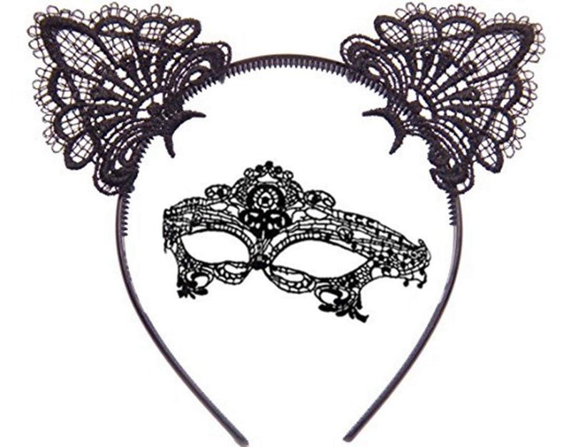 AISIBO Fashion Cat Ears Headband Lace Eye Mask Costume Couples Cute Sexy Women Lady Eyemask Masquerade Mask Hair Elastic Hoop for Carnival Party Prom Ball Halloween Christmas Cosplay (Black) - Image 1